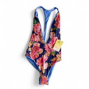 Maaji : NEW $154 Reversible Floral One Piece Plunge Swimsuit Blue Pink : S - M